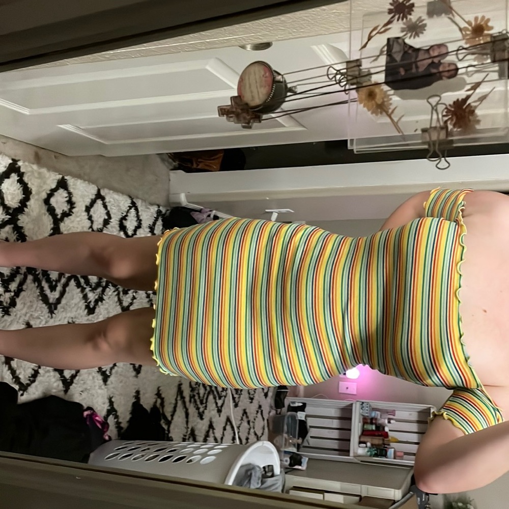 Yellow striped off the shoulder dress